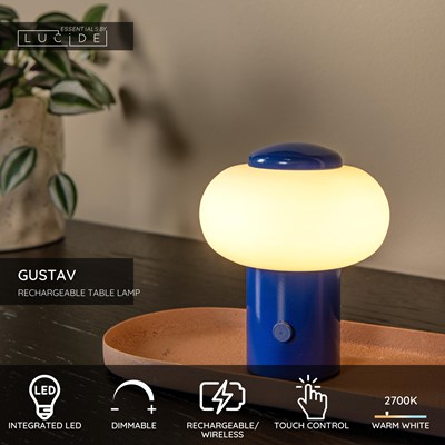 Lucide GUSTAV - Rechargeable Table lamp - Battery pack - Ø 8 cm - LED Dim. - 1x0,8W 2700K - Blue | Essential